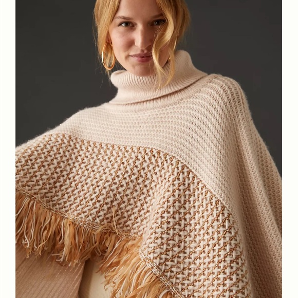Anthropologie Cropped Turtleneck Tan Poncho Sweater One Size Fits Most Fringe - Picture 2 of 10